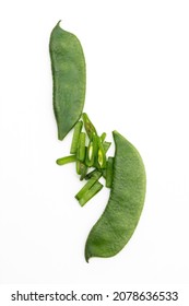 Green  Lima Beans Or Hyacinth Beans Slices Over On White Background, Top View