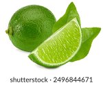 green lime with leaves isolated on white background. clipping path