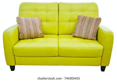 Green Lime Sofa With Pillow. Soft Lemon Couch. Classic Pistachio Divan On Isolated Background