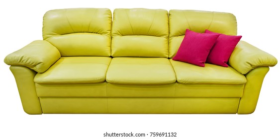 Green Lime Sofa With Pink Pillow. Soft Lemon Couch. Classic Pistachio Divan On Isolated Background