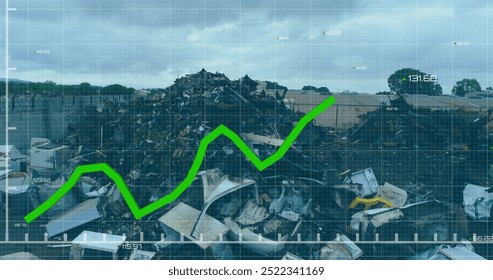 Green line graph image over large pile of electronic waste in recycling yard. sustainability, e-waste, electronics, environment, technology, waste management - Powered by Shutterstock