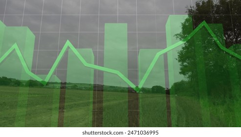 Green line graph overlaying serene countryside landscape, showing fluctuating trends. Trees and fields under cloudy skies form a tranquil background for data analysis - Powered by Shutterstock