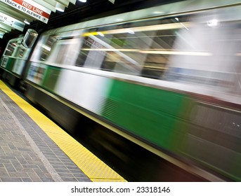 Green Line Train In The Boston Subway System Moving Through Frame