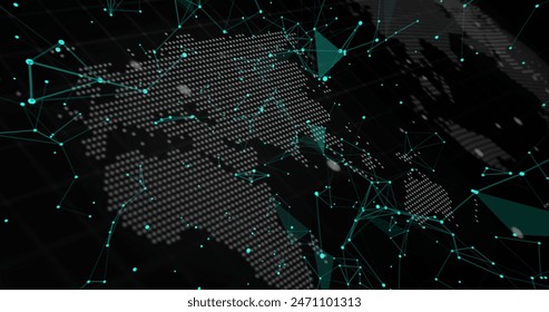 Green lines and dots marking digital world map, showing global connections. Network illustrating data sharing and technology distribution worldwide