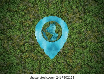 Green location symbol of pin. A green forest shape on location pin concept of green place for tourist or visit. Green Destination. Environment day concept. World Forestry Day.