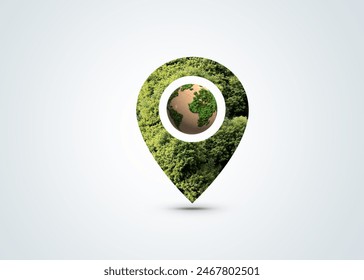 Green location symbol of pin. A green forest shape on location pin concept of green place for tourist or visit. Green Destination. Environment day concept. World Forestry Day.