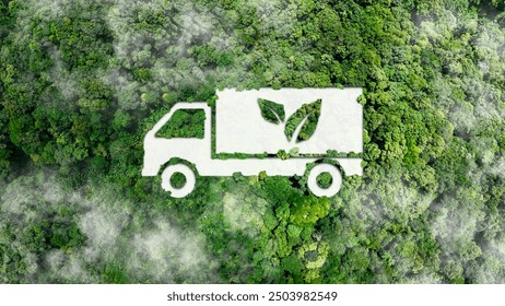Green logistic or Sustainable transport concept. Truck icon transport logistics travel with clean energy, eco friendly process on forest background to Net zero carbon emission