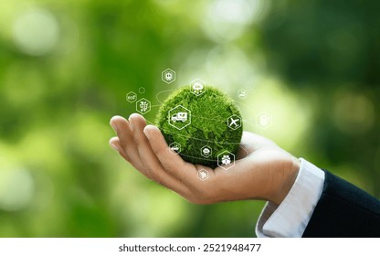 Green logistic or Sustainable transport. Sustainable global transport. logistics or travel by Ship, car, train, airplane, truck, with clean energy and eco friendly process to Net zero carbon emission