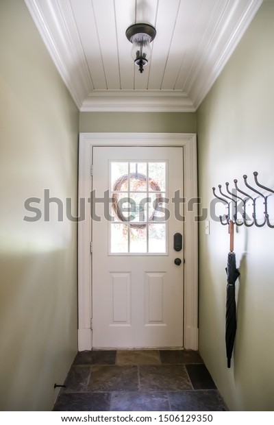 Green Long Hallway Shiplap Ceiling Door Stock Photo Edit