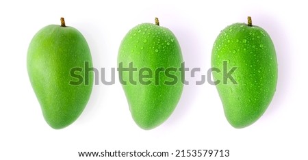 Green mango with mango has water drop collection isolated on white background , top view , flat lay.