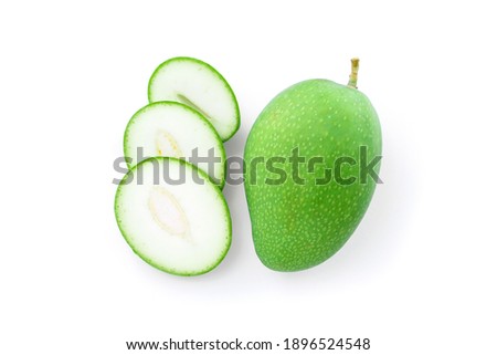 green mango and slices isolated on white background , top view , flat lay.