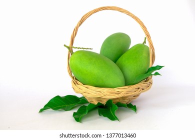 Green mango is in a wooden basket in a white background.