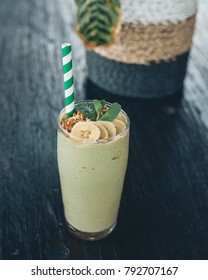 Green Matcha Smoothie Drink With Bananas