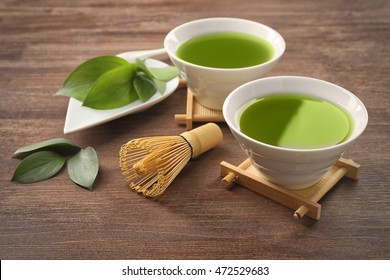 Green Matcha Tea Set On Wooden Background