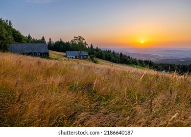 Green Meadow On The Hill At Sunrise, Mountains And Forest In The Background. No People, Clear Sky, Two Old Buildings At The Main Scene