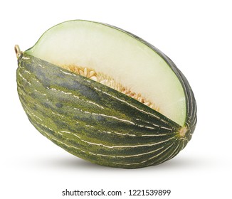 Green melon piel de sapo three quarters isolated on white background. Clipping Path. Full depth of field.