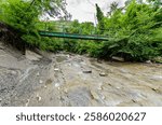 Green metal bridge stretches over tranquil forest stream. Lush greenery surrounds rocky streambed, creating peaceful natural setting. Overcast sky adds soft lighting to scene