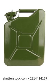 Green Metal Canister For Gasoline On A White Background.