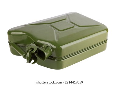 Green Metal Canister For Gasoline On A White Background.