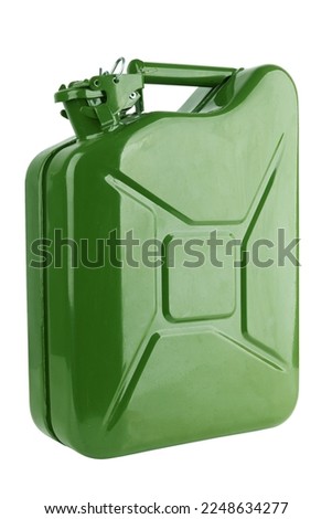 Green metal canister for gasoline on a white background.
