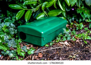 Green Metal External Rodent Rat Bait Station Outside Against A Brick Wall Close Up.  Pest Control.