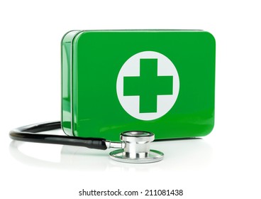 A Green Metal First Aid Box With Stethoscope On A White Background