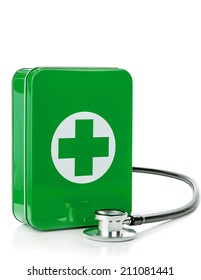 A Green Metal First Aid Box With Stethoscope On A White Background