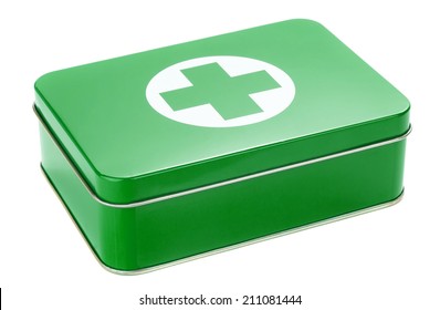 A Green Metal First Aid Box On A White Background