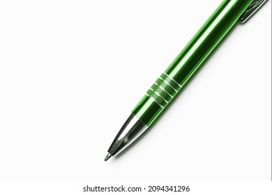 Green Metal Pen Isolated On White. Single Object Cutout. Office Utilities Background. Empty Copy Space Signing Business Deal Background.