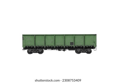 Green metallic goods wagon or freight wagon isolated on white. Unpowered railway vehicles that are used for the transportation of cargo.
