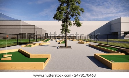 green mini golf course featuring wood accents and a landscaped area, bordered by a fence