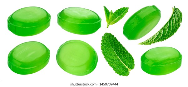 Green Mint Hard Candies Isolated On White Background With Clipping Path. Menthol Candy And Mint Leaves, Delicious Confectionery Collection