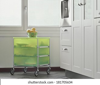 Green Modern Fruit Trolley In The Modern Kitchen