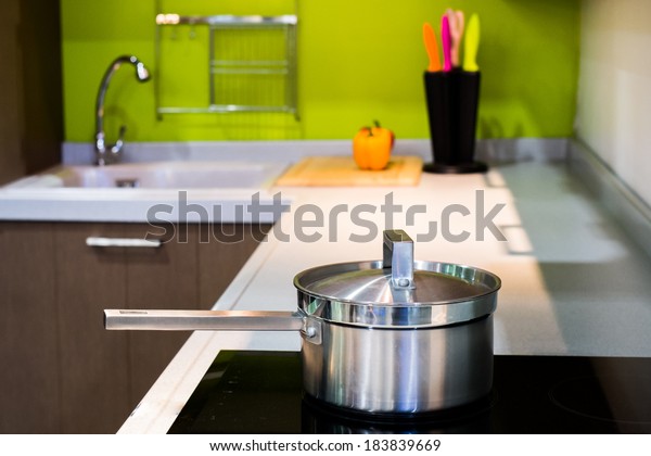 Green Modern Kitchen Stainless Steel Pot Stock Photo Edit