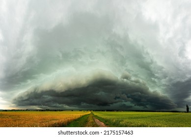 Green monstrum, huge shelf cloud with hail near Jicin, Czech republic, storm clouds - Shutterstock ID 2175157463