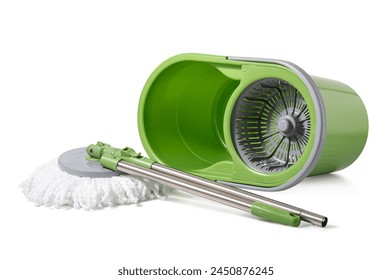 Green mop bucket cleaning equipment with microfiber mop head. The green handle and swivel base allow easy maneuverability and control during use. isolated on a white background, Clipping path includes - Powered by Shutterstock