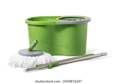 Green mop bucket cleaning equipment with microfiber mop head. The green handle and swivel base allow easy maneuverability and control during use. isolated on a white background, Clipping path includes - Powered by Shutterstock