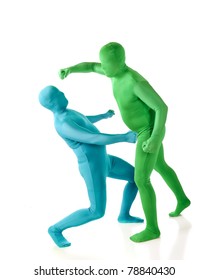 A green morph and blue morph man in a fist fight.  Isolated on white. - Shutterstock ID 78840430