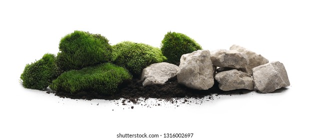 Green Moss With Dirt, Soil And Decorative Stone, Rock Isolated On White Background