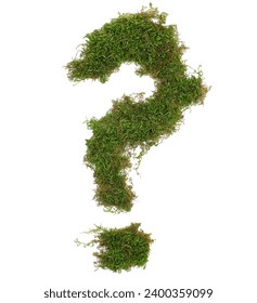 Green moss in shape question mark isolated on white, clipping path, top view