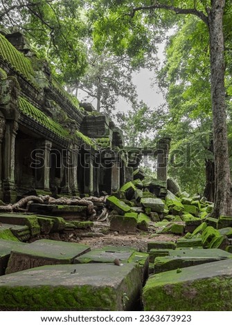 Green moss-covered stone building and brick ruins at Ta Prohm Tomb Raider temple complex. Angkor Wat historical site, Siem Reap, Cambodia