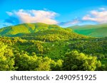 green mountain landscape in beautiful nature. Green nature scenery during Turkey travel. Mountain background. Uludag mountain national park, Bursa, Turkey.