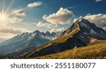 Green Mountain with sun Shine sky Background, Sunny sky, Mountain Background, Green Sky, Nature Landsscape.