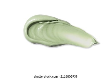 Green Mud Mask Swatch. Close Up Of Cosmetic Product Smear, Concealer, Facial Care Cream. Thick Texture Isolated On White.