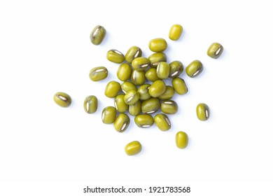 Green mung beans (Vigna radiata) isolated on white background. Top view. Flat lay.