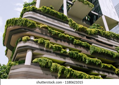 Green Nature Facade On Modern Futuristic Building In Singapore City