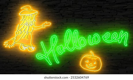 green neon sign HALLOWEEN and orange neon sign of witch with broom and pumpkin, on brick wall background, illuminated, landscape, perfect for Halloween marketing, advertisement - Powered by Shutterstock