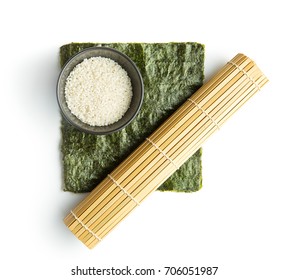 Green Nori Sheet , Rice And Bamboo Mat Isolated On White Background. Sushi Ingredients.