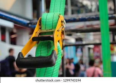 Green nylon lifting slings with lock for industrial use during safety - Shutterstock ID 1299743194