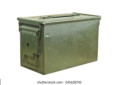 Green and old ammunition box on a white background